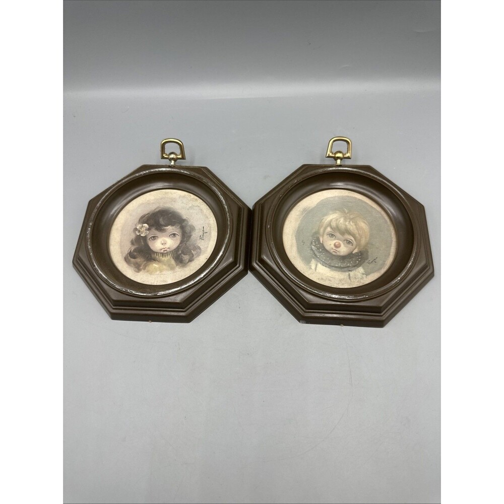 Vintage Ozz Franca Big Sad Eye Clown Boy Girl Pictures Framed Octagonal Set/2